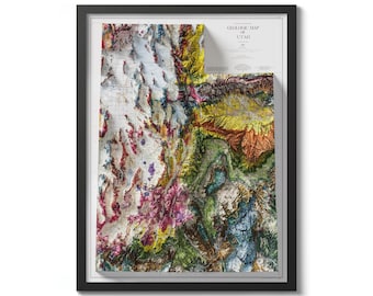 Geologisk karta över Utah från 1980, skuggad relief, heminredning i Utah