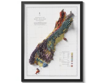 Nuova Zelanda 1947 Mappa geologica dell'Isola del Sud, ristampa d'epoca, mappa storica con effetto rilievo in rilievo, regalo d'arte murale d'epoca