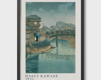 Hasui Kawase Japanese Print – Rainy Ryoshimachi, Shin-Hanga Art