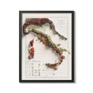 Vintage kaart van Italië, afdruk 1933 - geologie, reliëfeffect - unieke muurkunst, decorcadeau Italië