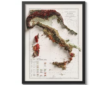 May include: A vintage, framed map of Italy with a 3D embossed effect. The map is titled "Carta Geologica D'Italia" and shows the geological formations of the Italian peninsula.