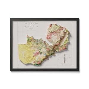 Sambia Karte Geologie 1961, Schattierte Reliefkarte, Vintage Wandkunst, Nordrhodesien Karte