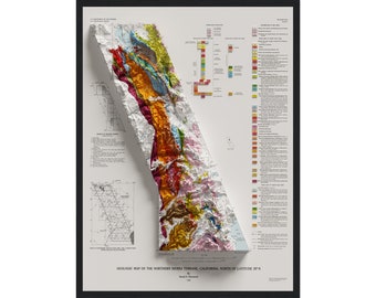Northern Sierra Nevada Geologic Map 1992, Vintage Shaded Relief Sierra Map. Sierra Mountains Print, Home Decor, Wall Art, Map Print