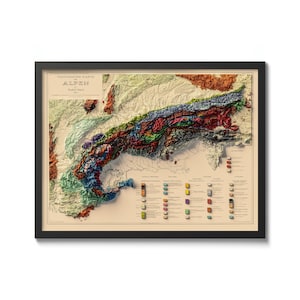Affiche vintage de carte des Alpes de 1923 - impression géologique avec effet de relief, décoration d'art murale historique