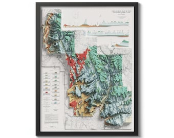 May include: A geological map of Zion National Park, Utah, with a detailed topographic relief map of the park. The map shows the different geological formations and features of the park, including the Virgin River, the Pa'rus Trail, and the Angels Landing Trail. The map is framed in black and has a white background.