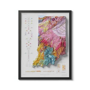 Indiana kaart geologie 1989 vintage herdruk historische kaart met reliëfeffect, Indiana Wall Decor, Indiana Wall Art
