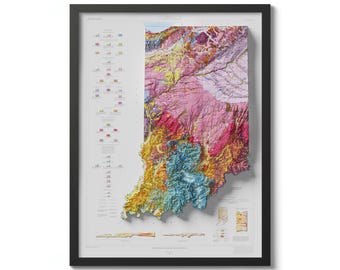 Op de afbeelding: Een ingelijste geologische kaart van Indiana, die de diverse rotsformaties van de staat laat zien in een kleurrijke 3D-reliëfstijl. De kaart bevat een legenda met verschillende kleuren die verschillende geologische perioden en formaties vertegenwoordigen.