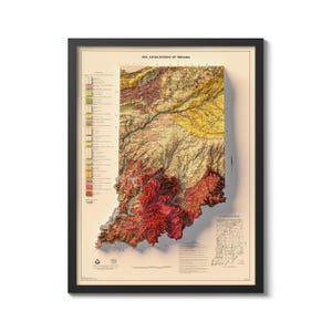 Geologische kaart van Indiana – Vintage print 1973 met 3D-uiterlijk | Historische muurkunst uit Indiana | Vintage staatsdecor | Indiana-poster
