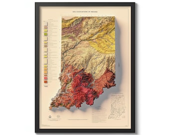 Op de afbeelding: Een vintage kaart van Indiana die bodemverenigingen laat zien. De kaart is in een zwart frame en heeft een 3D-reliëf van de staat. De kaart is gekleurd in tinten rood, geel en bruin.