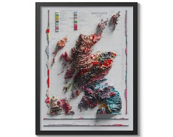 Pode incluir: Um mapa emoldurado da Escócia com um relevo 3D mostrando as diferentes formações geológicas em várias cores. O mapa é intitulado "Escócia Geológica" e inclui uma chave com diferentes cores que representam diferentes tipos de rochas.