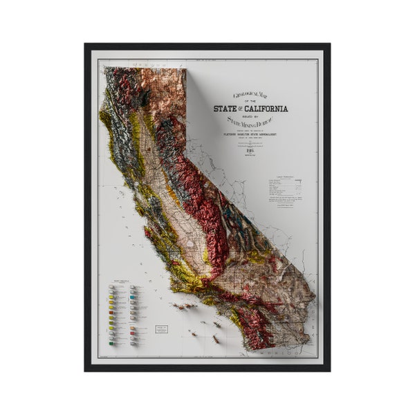 Geological Map Of The State of California 1916 Vintage Reprint Historical Map With Raised Relief Effect, Vintage Wall Art, California Print