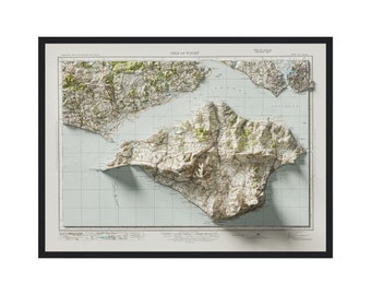 Isle Of Wight Map, Vintage Isle Of Wight Print Map With Relief Effect, Isle Of Wight Topographic Map