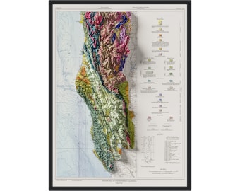 Northern Coastal Range California Geological Map 1953, California Print Historical Map With Raised Relief Effect, Vintage Wall Art