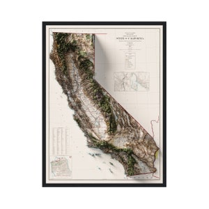 Map Of The State of California 1907, Vintage Reprint Historical Map With Raised Relief Effect, Vintage Wall Art, California Print