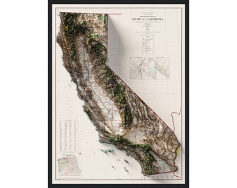 Map Of The State of California 1907, Vintage Reprint Historical Map With Raised Relief Effect, Vintage Wall Art, California Print