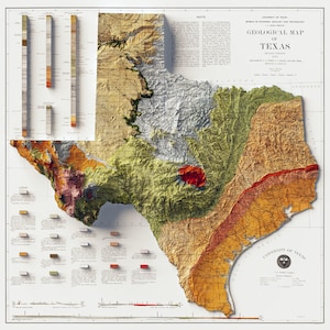 Texas Wall Art Home Decor Mapa - Impressão geológica vintage - Geografia Presente Decoração de parede - Presente de inauguração de casa - Fãs de história