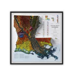 Louisiana Geologic Map Poster 1984 Vintage Reprint Historical Map With Relief Effect, Louisiana Vintage Art,Louisiana Poster Louisiana Decor