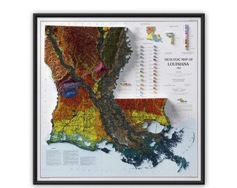 Könnte beinhalten: Eine geologische Karte von Louisiana, die die vielfältigen geologischen Formationen des Bundesstaates in einer farbenfrohen, detaillierten Illustration zeigt. Die Karte enthält eine Legende mit verschiedenen Farben, die verschiedene Gesteinsarten und Formationen repräsentieren.
