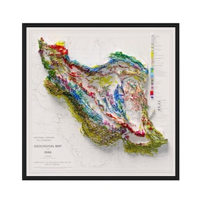 Print geologische kaart Iran, vintage herdruk historische kaart Iran met reliëfeffect, vintage kaartposter, woondecoratie