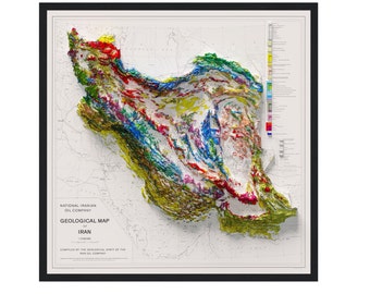 Vintage Iran Geological Map Print, Shaded Relief Home Decor