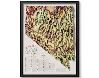 May include: A vintage topographic map of Nevada, showing the state's terrain in shades of green, yellow, red, and brown. The map is framed in black and includes a key with color-coded elevations.