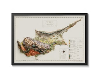 May include: A detailed geological map of Cyprus, showing the island's terrain and rock formations in a 3D style. The map is framed in black and has a white background with brown text.