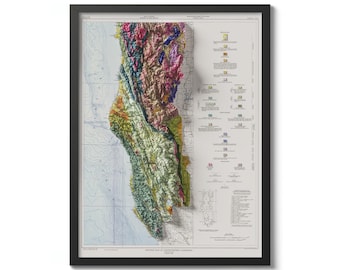 May include: A detailed geological map of Northwestern California, showing various rock formations and geological features. The map is framed in black and includes a legend with colour-coded descriptions of the different rock types.