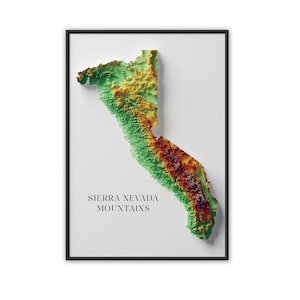 Mapa de elevação das montanhas de Sierra Nevada com efeito de relevo em papel artístico fosco estilo minimalista