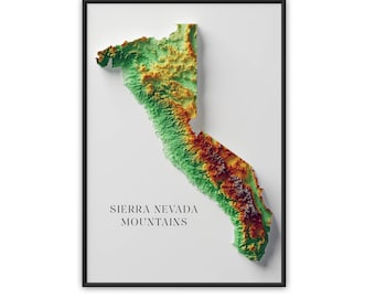 Op de afbeelding: Een ingelijste 3D-reliëfkaart van de Sierra Nevada Mountains, met groene, gele en bruine tinten. De kaart staat tegen een witte achtergrond, met de tekst "SIERRA NEVADA MOUNTAINS" eronder.
