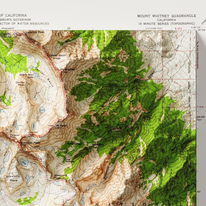 Mount Whitney Map, Mount Whitney Sierra Nevada Wall Art, Vintage Mount Whitney Prints