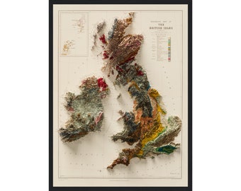 British Isles Map, Geological Map Of United Kingdom And Ireland 1901, Vintage Reprint Historical Map With Relief Effect, UK Wall Art, UK Map