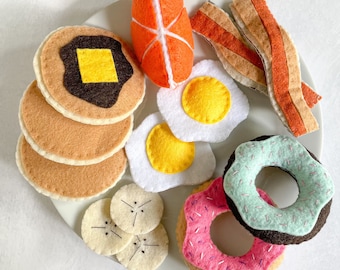 Petit déjeuner en feutre | Ecouter les oeufs de la nourriture | Jouets en feutre | Faux bacon, pliable | Aliments pour jouets respectueux de l'environnement | Beignets roses