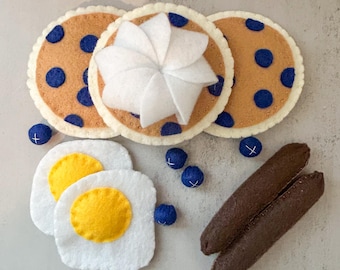 Felt Blueberry Pancakes, Sausage and eggs | Play food eggs | Felt toys | Pretend bacon | Eco friendly toy food