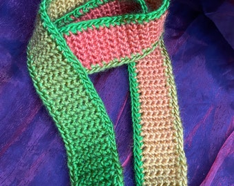 Yellow, orange as green crocheted scarf for dolls and teddybears, vibrant coloures. Measurements 72.5cm x 4cm.