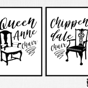 May include: Two black and white printable signs with the text "Queen Anne chair" and "Chippendale chair" with a silhouette of each chair style.