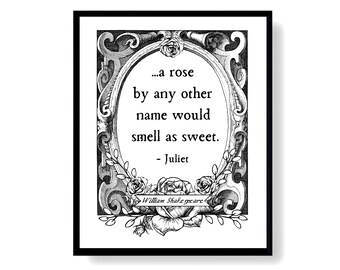 Romeo en Julia literatuur poster, de bard William Shakespeare afdrukbare quote kunst aan de muur, Rose door elke naam digitale print