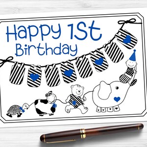 Feliz primeiro aniversário, cartão de primeiro aniversário, cartão de menino, cartão de felicitações para impressão, arquivo para download