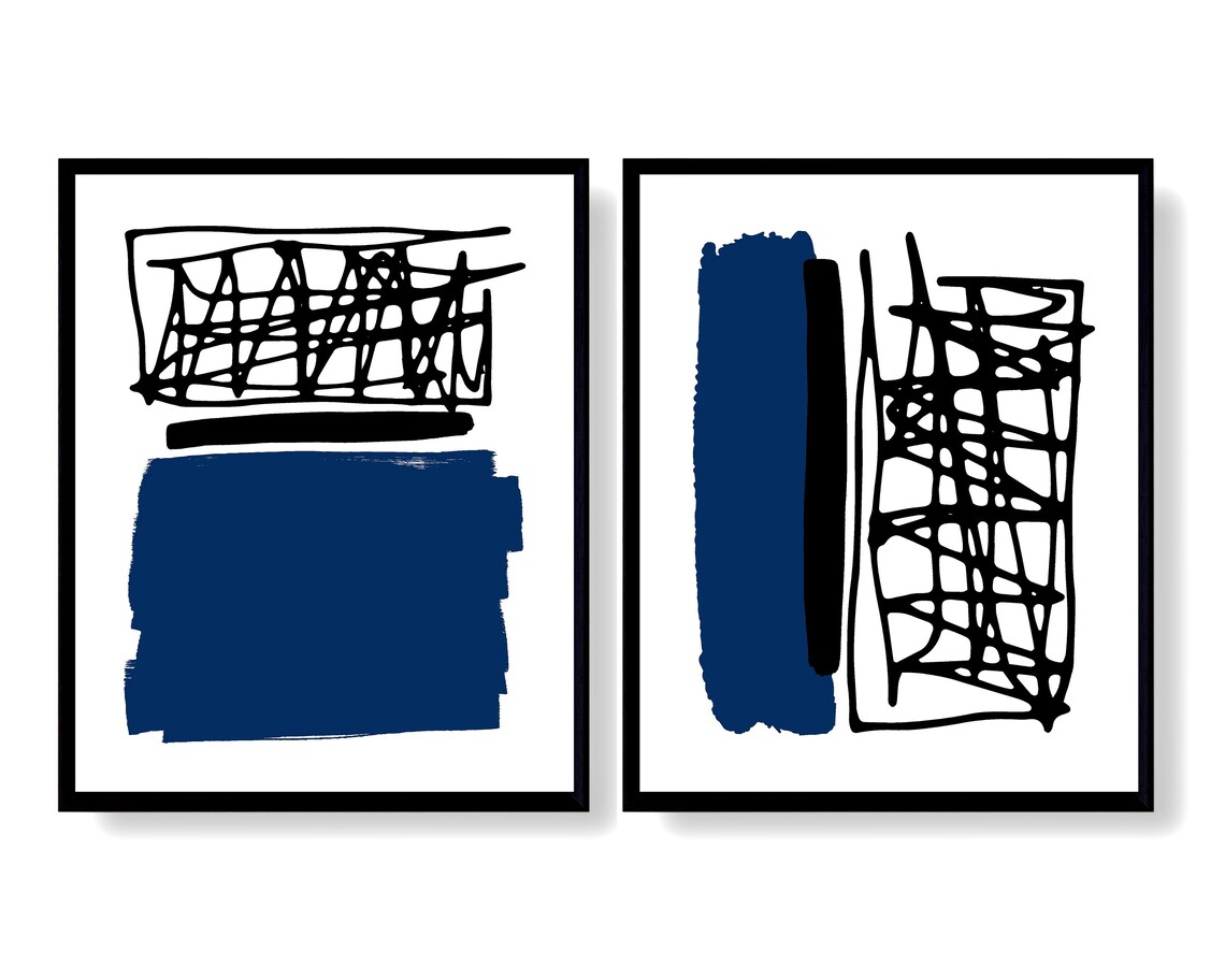 Navy Blue Wall Art Set of Two Abstract Prints Digital Etsy