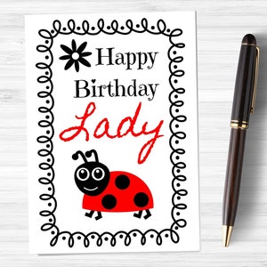 Carte de voeux imprimable Happy Birthday Lady, carte de voeux coccinelle coccinelle Télécharger