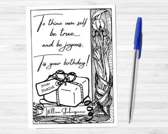 Shakespeare Quote Unieke verjaardagskaart Afdrukbare download met Hamlet Literaire kunst aan uw eigen zelf wees waar