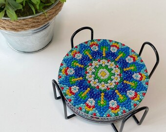 Posavasos Mandala con diseño de diamantes: juego de 6 con soporte