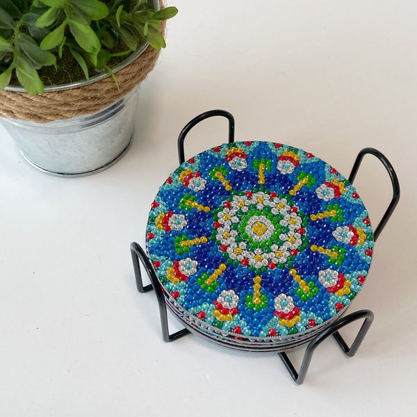 Diamond Mandala Coasters, Diamond art coasters, Mandala Coasters, Set of 6 coasters with holder, Diamond Painting