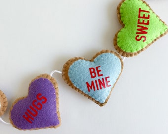 Valentine's Day Felt heart conversation cookies garland, Valentines day felt candy hearts, Valentine's Day heart banner, Valentines day