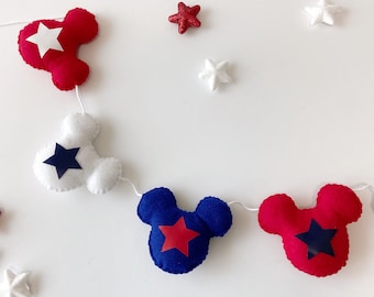 4th of July Mickey Mouse inspired felt banner,  4th of July Party Decorations, American Flag garland, 4th of July felt garland, Felt Banner