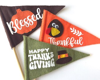 Felt Thanksgiving Pennant, Turkey Felt Pennant, Thanksgiving Party Decor, Thankful Felt Flag, Fall Felt Pennant for Kids