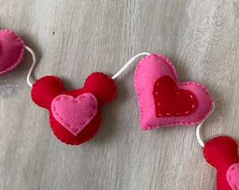 Valentine's Day Mickey Mouse inspired felt banner,  Valentines Party Decorations, Valentine's Day Mickey Mouse garland, Hearts felt garland