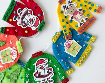 Christmas Ugly Sweater Felt Garland, Ugly Sweater Christmas Party Decorations, Felt Christmas Mantel Decor, Ugly Sweater Felt Banner