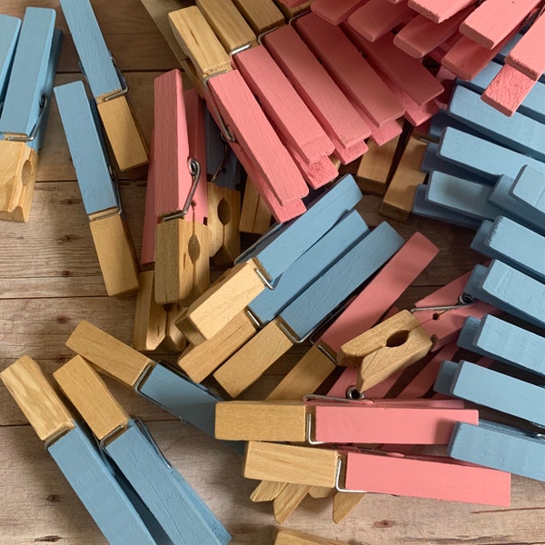 Gender Reveal pink and blue clothespins, Wear your Guess game, Gender reveal theme party, Baby Shower pink and blue clothespins