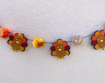Turkey Felt Garland, Thanksgiving decorations, pom Poms Thanksgiving banner, Fall Autumn decor, Felt Turkey, Thanksgiving Felt Decorations