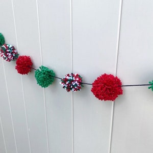 Christmas Garland, Red, White, Green Yarn Pom Pom, Christmas Tree
